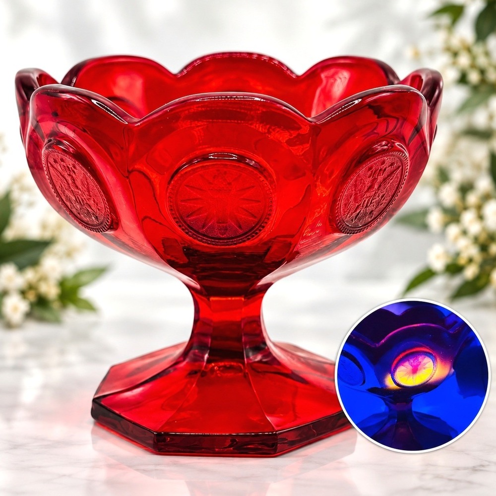 Fostoria Coin Glass Ruby Red Footed Compote Candy Dish UV Reactive Vintage